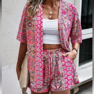 Paisley Print Open Front Kimono Short Set Size Large